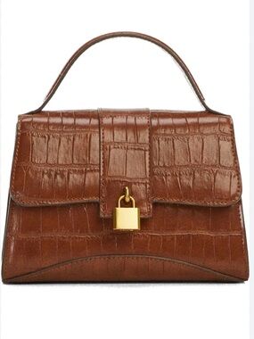 Mango Brown Croc-Embossed Top Handle Satchel with Gold Padlock